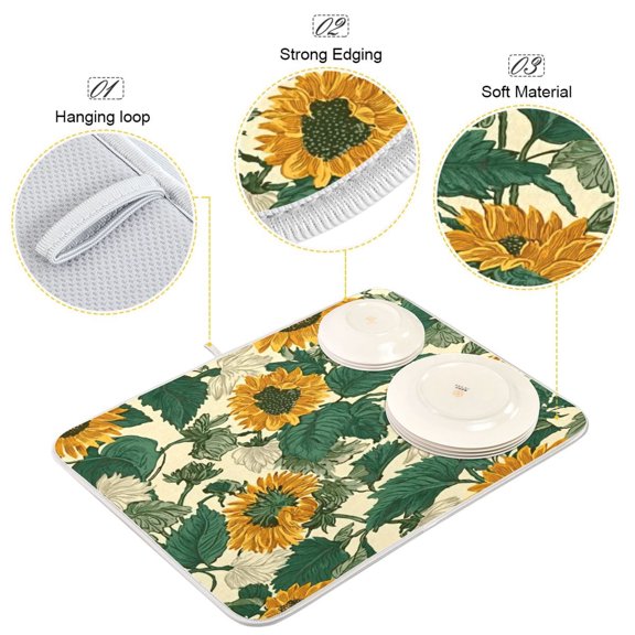 Iauyy Dish Drying Mat for Kitchen Counter, Super Absorbent & Hanging 16x18 / 18x24 Inch (S/M) Sunflowers and Leaves