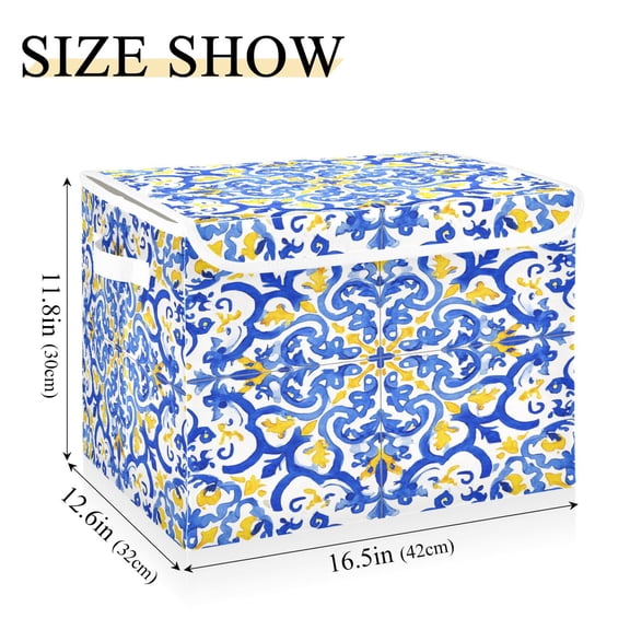 IAUYY 42*32*30cm Storage Bin with Lid Storage Boxes with Handles,300D Oxford Fabric+Hollow Board Applicable to Clothes Storage Office Storage,Blue and Yellow Watercolor Composition