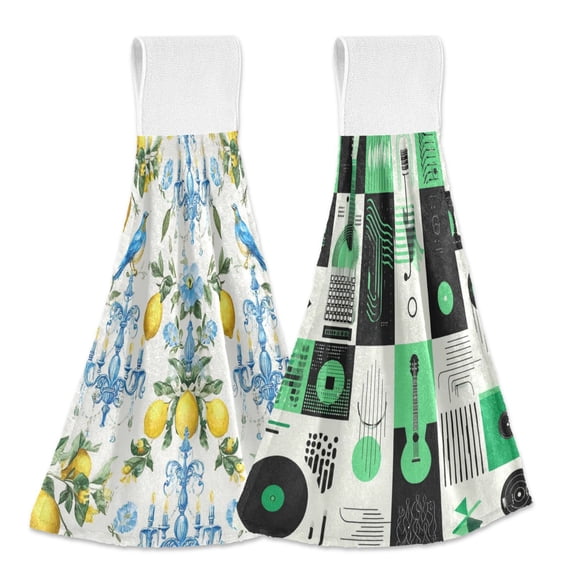 IAUYY Kitchen Hanging Towels Set of 2 100% Polyester Absorbent, Super Soft Hand Towels with Hanging Loops for Bathroom Kitchen Bluebirds and Gorgeous Chandelier Black and White Sound Waves