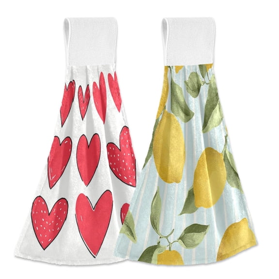 IAUYY Kitchen Hanging Towels Set of 2 100% Polyester Absorbent, Super Soft Hand Towels with Hanging Loops for Bathroom Kitchen A Decorative Collages Yellow Lemon Pattern