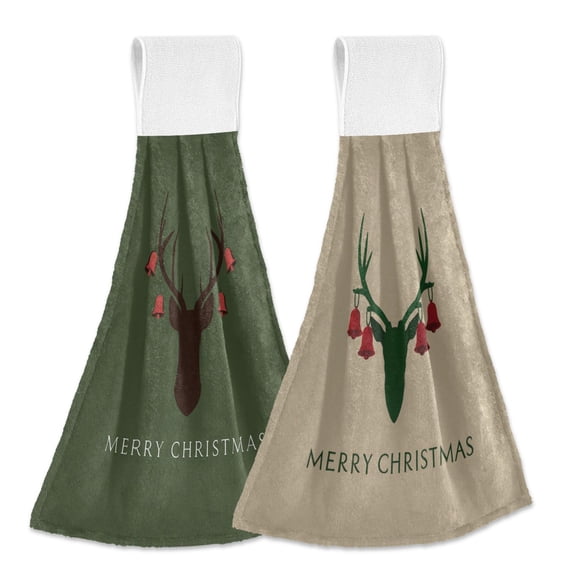 IAUYY Kitchen Hanging Towels Set of 2 100% Polyester Absorbent, Super Soft Hand Towels with Hanging Loops for Bathroom Kitchen A Deer Head A Dark Brown Deer Head