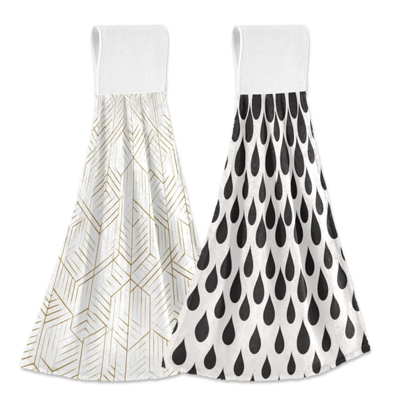 IAUYY Kitchen Hanging Towels Set of 2 100% Polyester Absorbent, Super Soft Hand Towels with Hanging Loops for Bathroom Kitchen Geometric Art Deco Style Drop Pattern