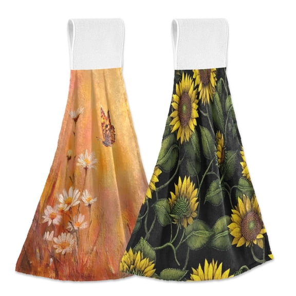 IAUYY Kitchen Hanging Towels Set of 2 100% Polyester Absorbent, Super Soft Hand Towels with Hanging Loops for Bathroom Kitchen Golden Rays Of The Moment Golden Marigold Color and Olive Green
