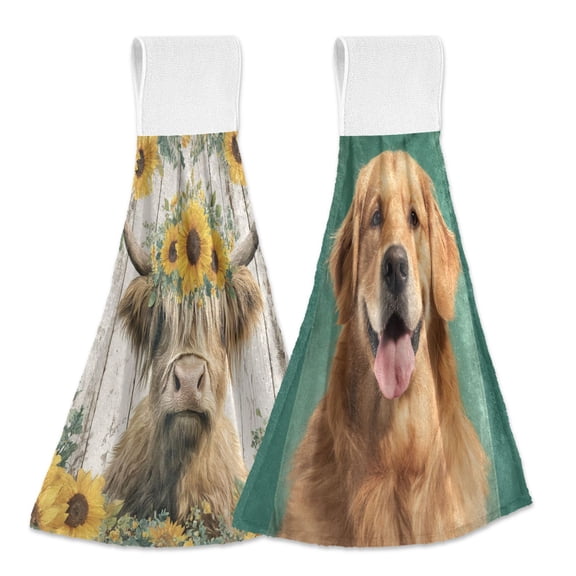 IAUYY Kitchen Hanging Towels Set of 2 100% Polyester Absorbent, Super Soft Hand Towels with Hanging Loops for Bathroom Kitchen Ranch Cattle Pet Picture