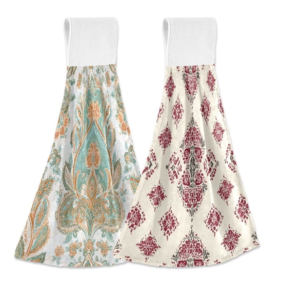 IAUYY Kitchen Hanging Towels Set of 2 100% Polyester Absorbent, Super Soft Hand Towels with Hanging Loops for Bathroom Kitchen Soft Mint Green Red and White