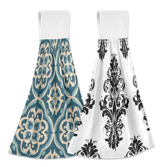 IAUYY Kitchen Hanging Towels Set of 2 100% Polyester Absorbent, Super Soft Hand Towels with Hanging Loops for Bathroom Kitchen Traditional Turkish Ceramic Patterns Traditional Tattoo Designs
