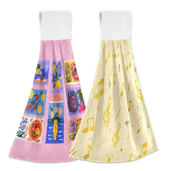 IAUYY Kitchen Hanging Towels Set of 2 100% Polyester Absorbent, Super Soft Hand Towels with Hanging Loops for Bathroom Kitchen Vibrant Background The Yellow Musical Symbol