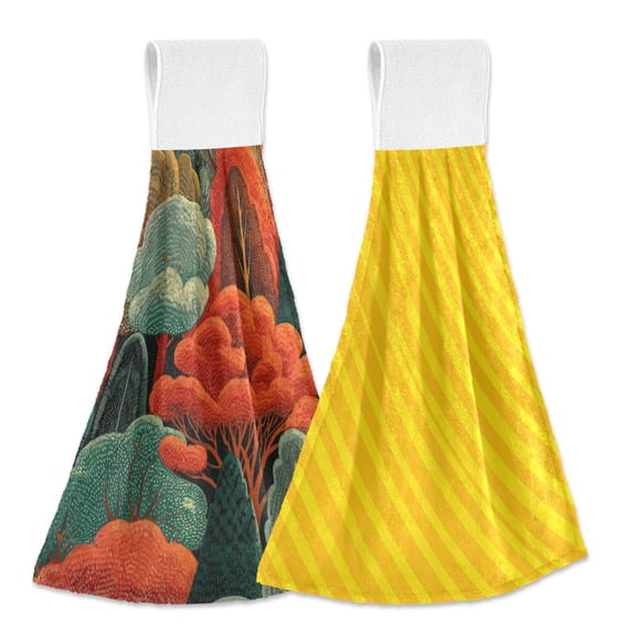 IAUYY Kitchen Hanging Towels Set of 2 100% Polyester Absorbent, Super Soft Hand Towels with Hanging Loops for Bathroom Kitchen Wool Tree Yellow Twill Stripe