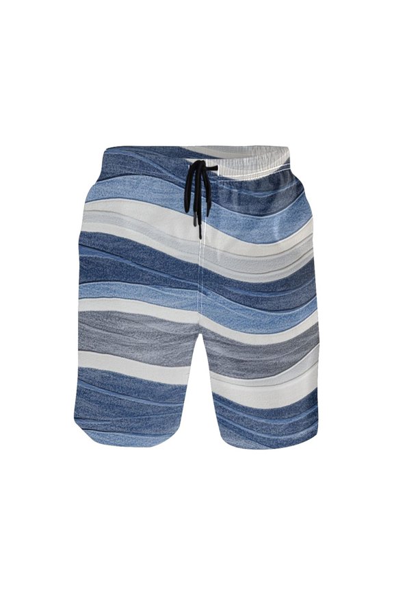 Men's Quick-Dry Beach Shorts with All-Over Print - Lightweight Swim Trunks for Summer (S-XXL) Machine Washable,A Blue and Gray Wavy