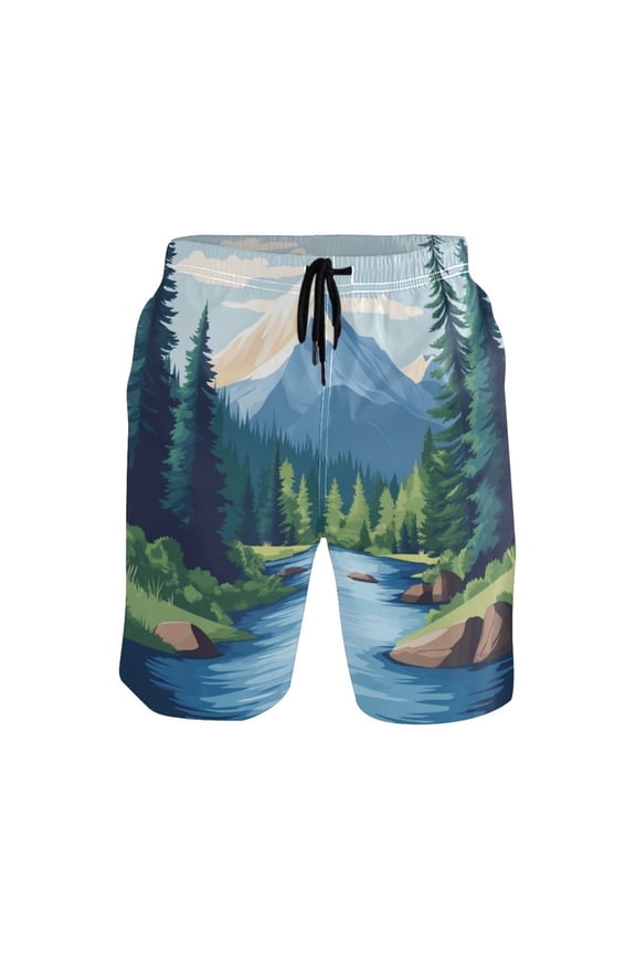 Men's Quick-Dry Beach Shorts with All-Over Print - Lightweight Swim Trunks for Summer (S-XXL) Machine Washable,Beautiful River
