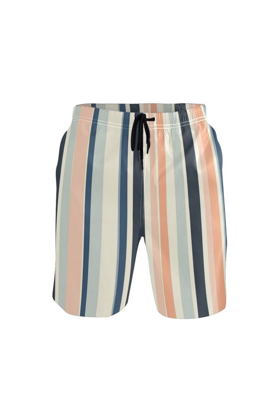 Men's Quick-Dry Beach Shorts with All-Over Print - Lightweight Swim Trunks for Summer (S-XXL) Machine Washable,Blue Peach and Navy Stripes