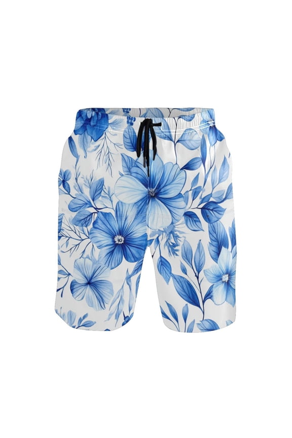 Men's Quick-Dry Beach Shorts with All-Over Print - Lightweight Swim Trunks for Summer (S-XXL) Machine Washable,Blue and White Floral