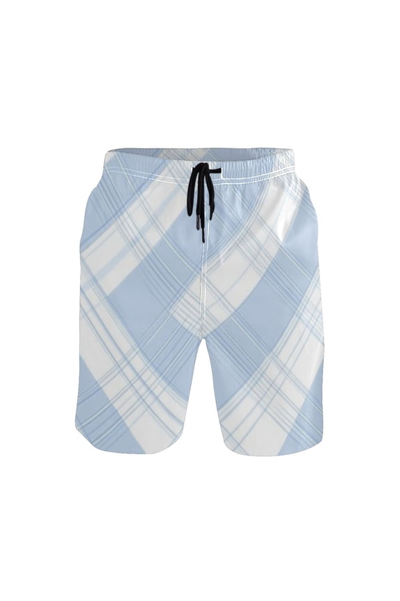 Men's Quick-Dry Beach Shorts with All-Over Print - Lightweight Swim Trunks for Summer (S-XXL) Machine Washable,Blue and White Tartan