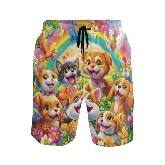 IAUYY Men's Quick-Dry Beach Shorts with All-Over Print - Lightweight Swim Trunks for Summer (S-XXL) Machine Washable,Cats and Dogs