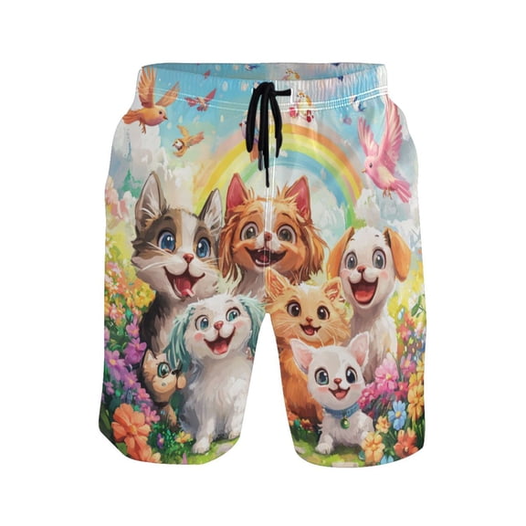 IAUYY Men's Quick-Dry Beach Shorts with All-Over Print - Lightweight Swim Trunks for Summer (S-XXL) Machine Washable,Cute Cats and Dogs