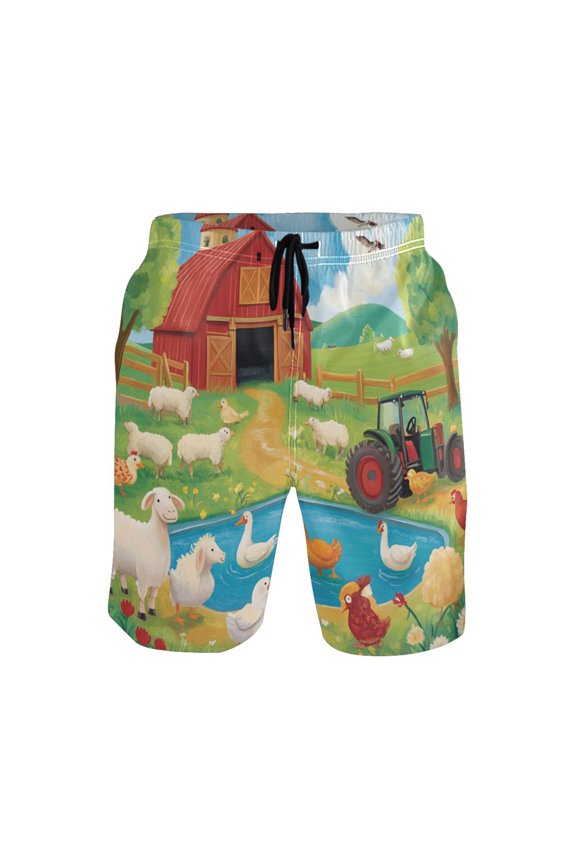 Men's Quick-Dry Beach Shorts with All-Over Print - Lightweight Swim Trunks for Summer (S-XXL) Machine Washable,Farm