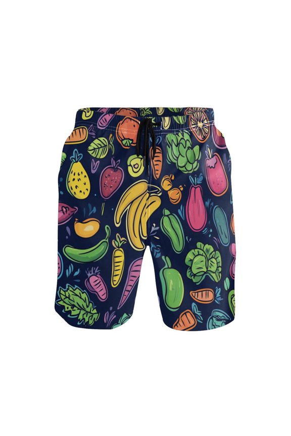 Men's Quick-Dry Beach Shorts with All-Over Print - Lightweight Swim Trunks for Summer (S-XXL) Machine Washable,Fruit and Vegetable