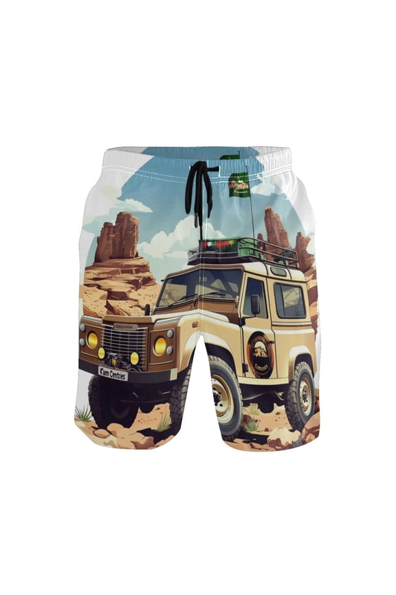 Men's Quick-Dry Beach Shorts with All-Over Print - Lightweight Swim Trunks for Summer (S-XXL) Machine Washable,Military Vehicle