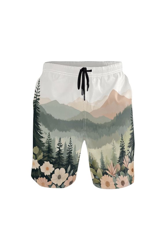 Men's Quick-Dry Beach Shorts with All-Over Print - Lightweight Swim Trunks for Summer (S-XXL) Machine Washable,Mountain and Floral