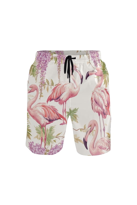 Men's Quick-Dry Beach Shorts with All-Over Print - Lightweight Swim Trunks for Summer (S-XXL) Machine Washable,Pink Flamingos and Pelicans