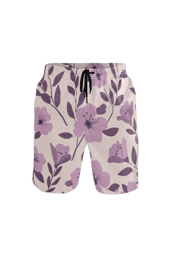 Men's Quick-Dry Beach Shorts with All-Over Print - Lightweight Swim Trunks for Summer (S-XXL) Machine Washable,Purple Pastel Floral