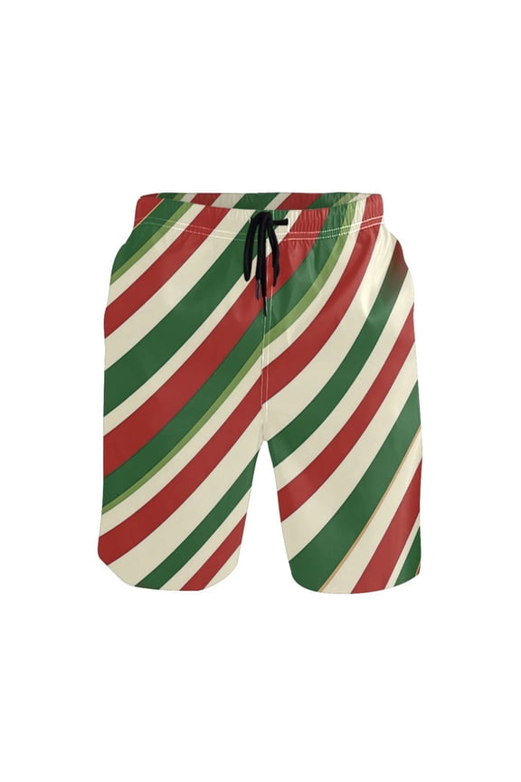 Men's Quick-Dry Beach Shorts with All-Over Print - Lightweight Swim Trunks for Summer (S-XXL) Machine Washable,Red White and Green Stripes