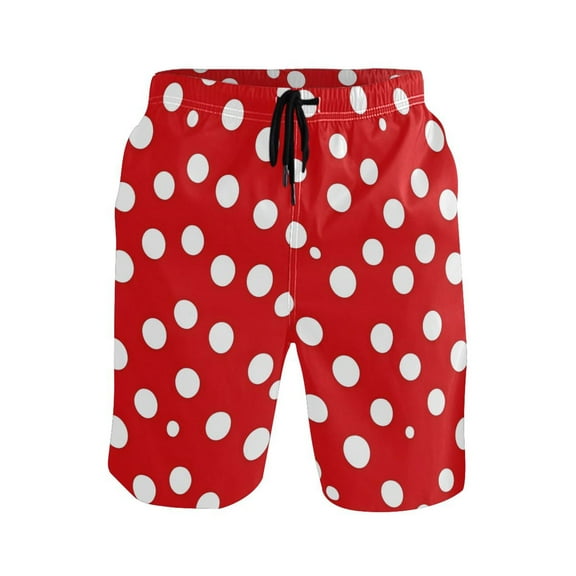 IAUYY Men's Quick-Dry Beach Shorts with All-Over Print - Lightweight Swim Trunks for Summer (S-XXL) Machine Washable,Red and White Polka Dot