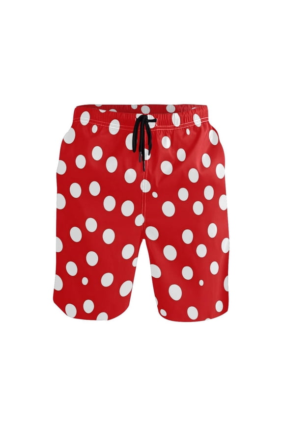 Men's Quick-Dry Beach Shorts with All-Over Print - Lightweight Swim Trunks for Summer (S-XXL) Machine Washable,Red and White Polka Dot