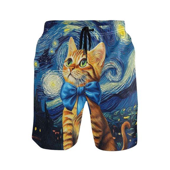 IAUYY Men's Quick-Dry Beach Shorts with All-Over Print - Lightweight Swim Trunks for Summer (S-XXL) Machine Washable,Sad Little Cat