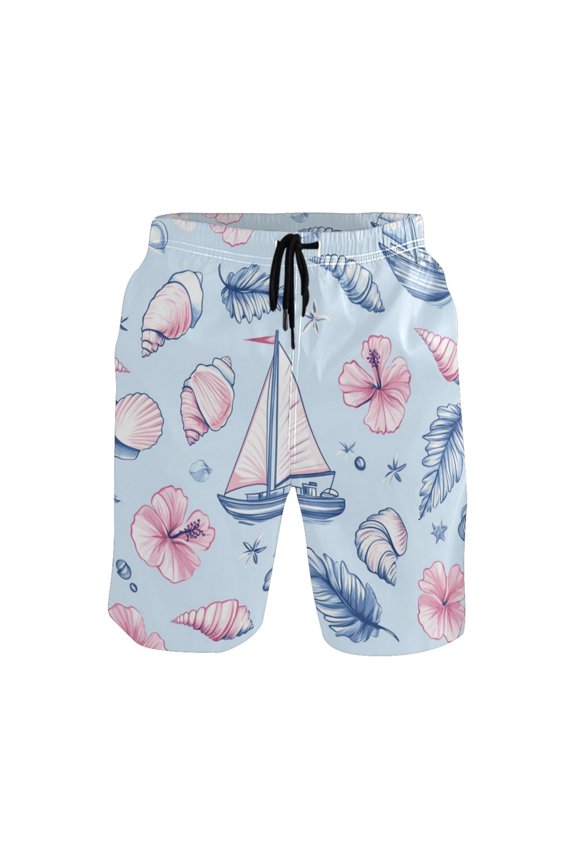Men's Quick-Dry Beach Shorts with All-Over Print - Lightweight Swim Trunks for Summer (S-XXL) Machine Washable,Sailboats Shells