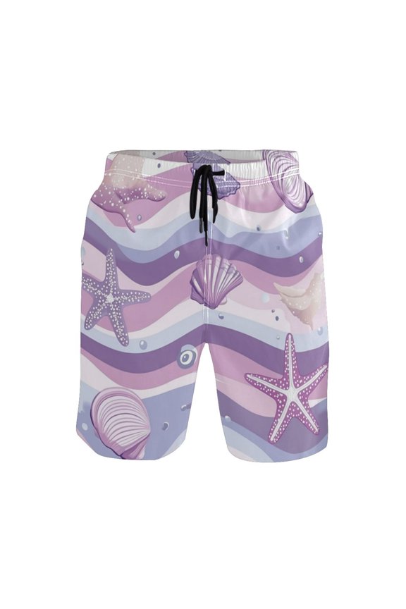 Men's Quick-Dry Beach Shorts with All-Over Print - Lightweight Swim Trunks for Summer (S-XXL) Machine Washable,Shells and Waves