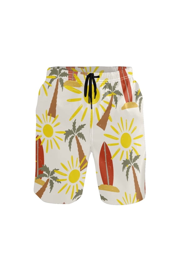 Men's Quick-Dry Beach Shorts with All-Over Print - Lightweight Swim Trunks for Summer (S-XXL) Machine Washable,Trees and Sun