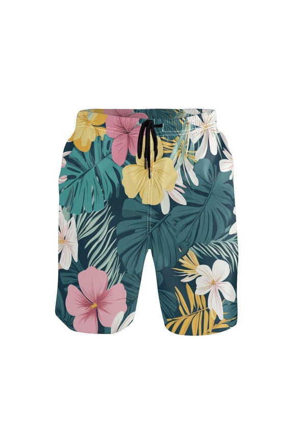 Men's Quick-Dry Beach Shorts with All-Over Print - Lightweight Swim Trunks for Summer (S-XXL) Machine Washable,Tropical Leaves and Flowers
