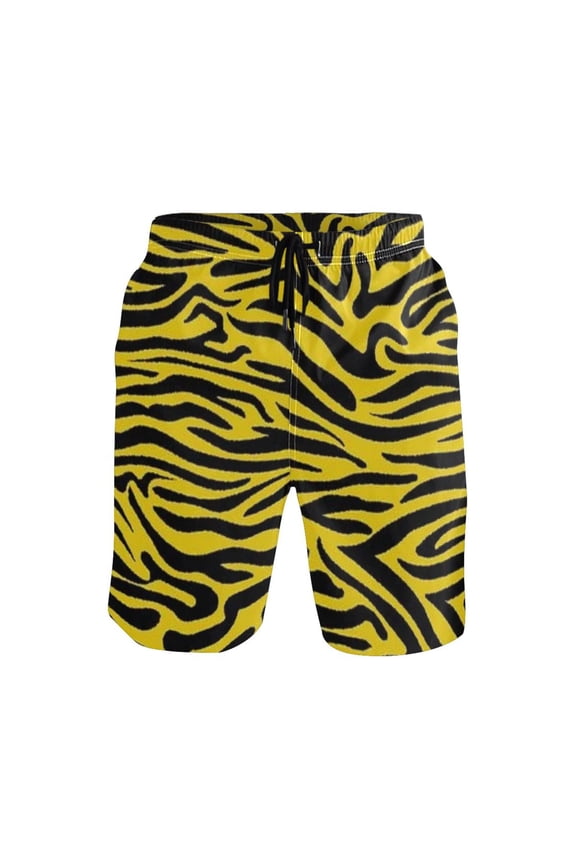 Men's Quick-Dry Beach Shorts with All-Over Print - Lightweight Swim Trunks for Summer (S-XXL) Machine Washable,Yellow Black Ripple