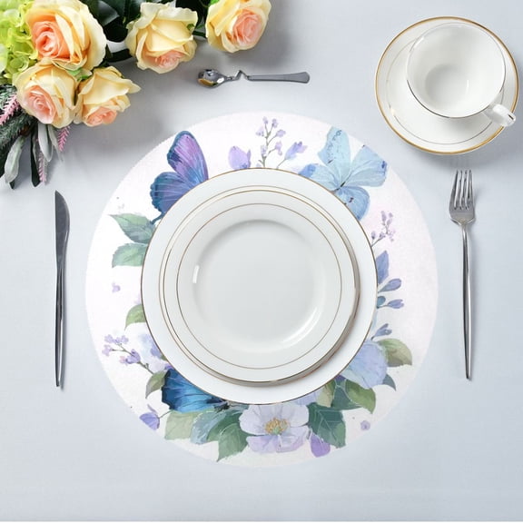 IAUYY Set of 1 Round Placemats for Dining Tables Heat-Resistant and Wear-Resistant DIY Printing Design Table Placemats,Applicable for Christmas Blue Butterfly Flower Clusters