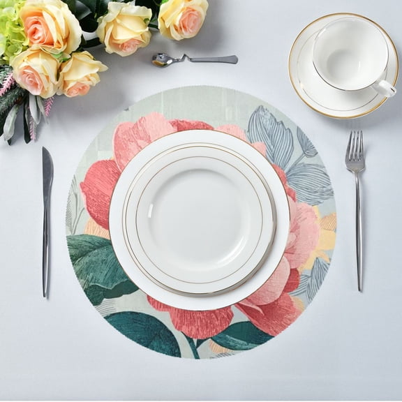 IAUYY Set of 1 Round Placemats for Dining Tables Heat-Resistant and Wear-Resistant DIY Printing Design Table Placemats,Applicable for Christmas Large Flowers and Green Leaves