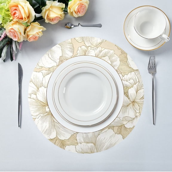 IAUYY Set of 1 Round Placemats for Dining Tables Heat-Resistant and Wear-Resistant DIY Printing Design Table Placemats，Applicable for Christmas Large Golden-colored Peony Flower