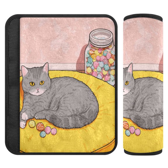 IAUYY Set of 2 Car Strap Covers,Flannel Material With Velcro for Adjustable Printed Pattern Car Seat Belt Pads Cover for All Car Seats Pushcar The Grey Cat