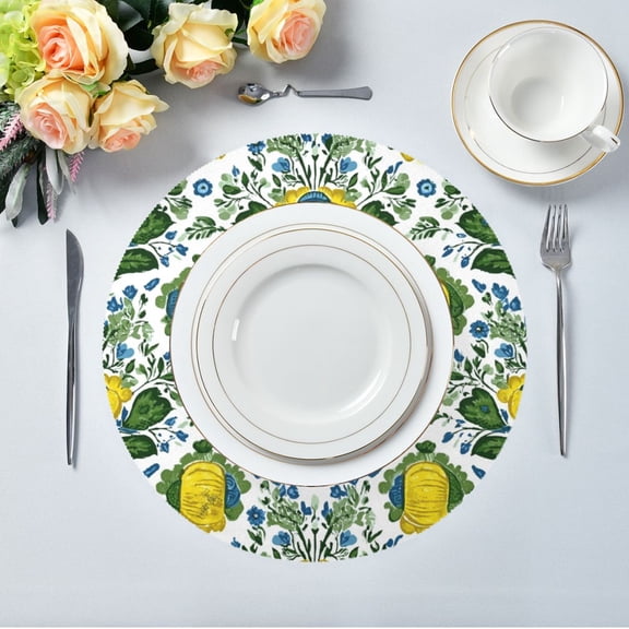 IAUYY Set of 4 Round Placemats for Dining Tables Heat-Resistant and Wear-Resistant DIY Printing Design Table Placemats,Applicable for Christmas Blue-element Flowers