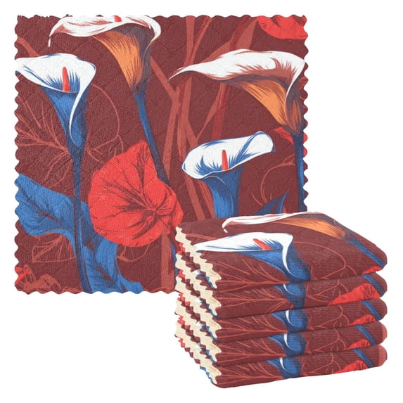 IAUYY Set of 6 Highly Absorbent Kitchen Towels and Dishcloths Set ,11" x 11" Premium Dishcloths for Washing Dishes Rags Everyday and Automobile Calla Lily Illustration