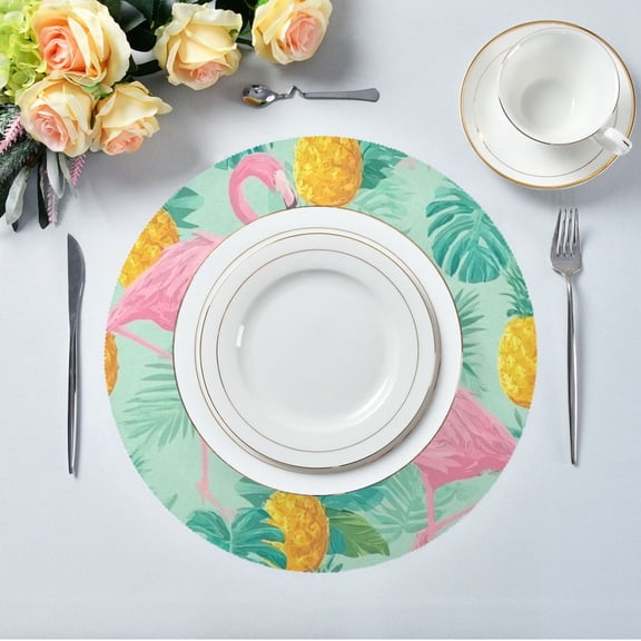 IAUYY Set of 6 Round Placemats for Dining Tables Heat-Resistant and Wear-Resistant DIY Printing Design Table Placemats，Applicable for Christmas Bright Yellow Pineapple Background