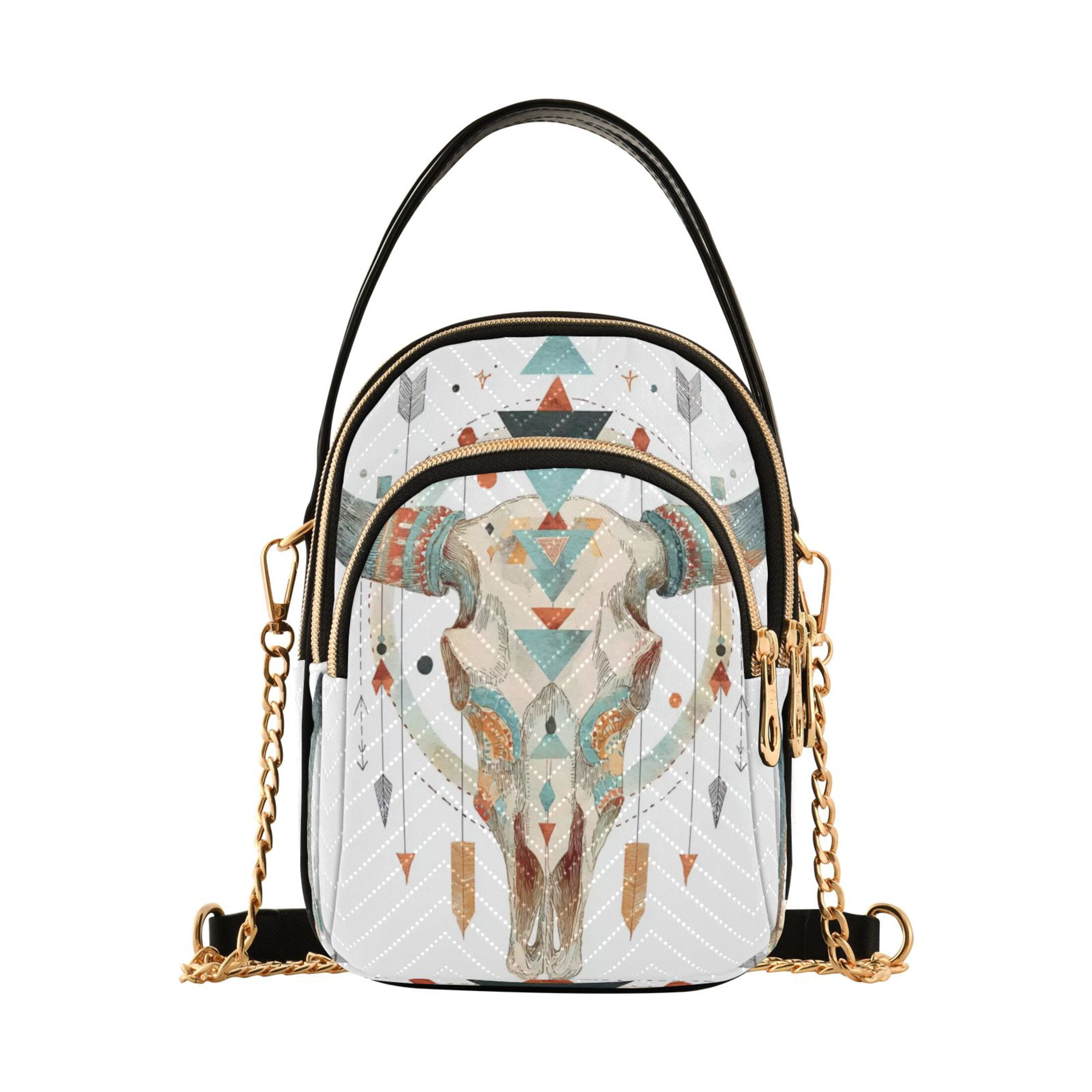 IAUYY Small Crossbody Bags for Women 15*21*8cm Leather Purses for Women Removable Strap with 3 Zipper Pocket Applicable to Birthday Gifts for Women,Bull Skull