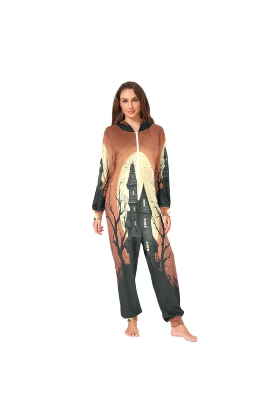 Unisex Adult Onesie Pajamas Ultra-Soft Crystal-Soft Fabric, Halloween Adult Onesie Pajamas Adults,With a Zipper Plus Size Onesie Pajamas, Haunted House