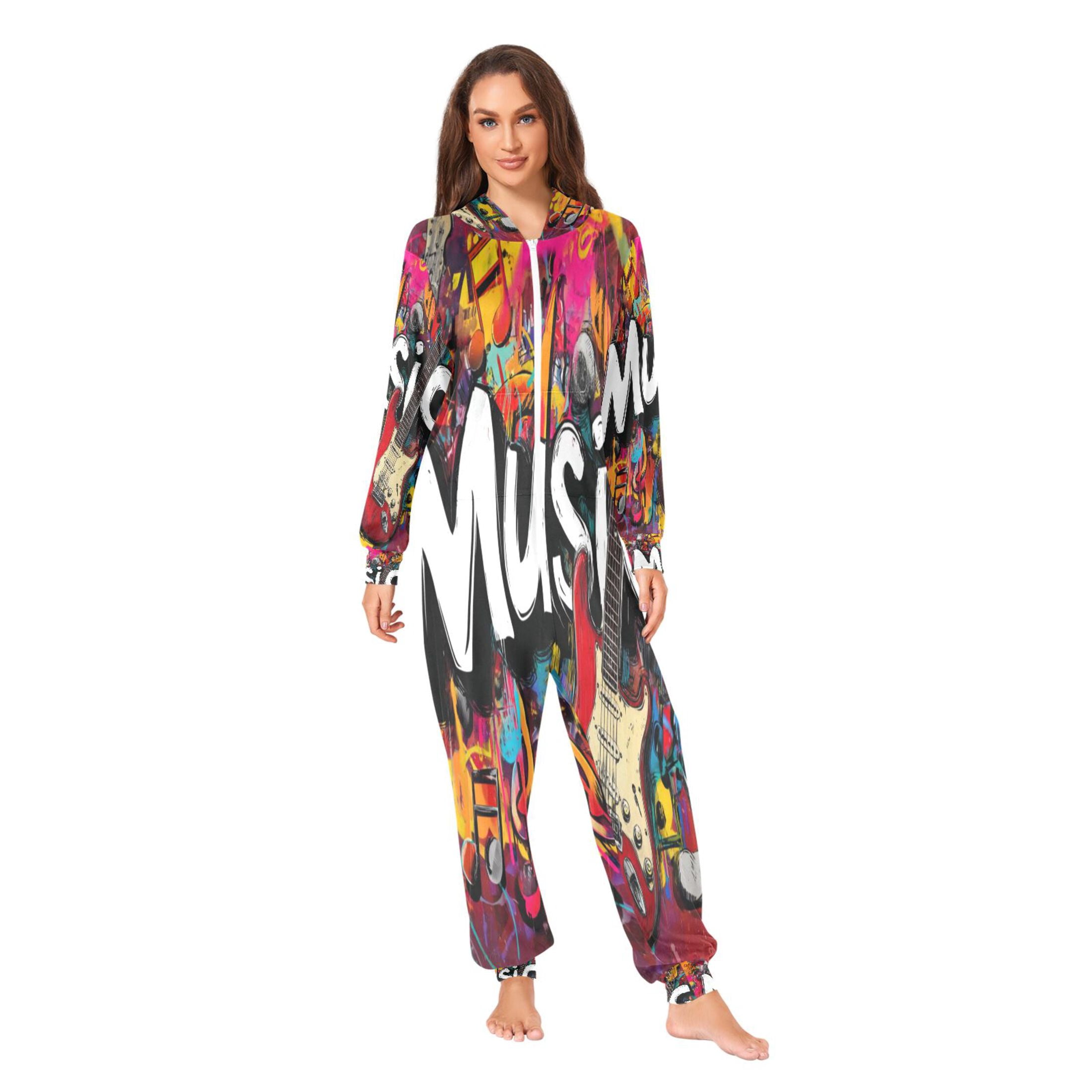 IAUYY Unisex Adult Onesie Pajamas Ultra-Soft Crystal-Soft Fabric, Halloween Adult Onesie Pajamas Adults,With a Zipper Plus Size Onesie Pajamas, Music Poster