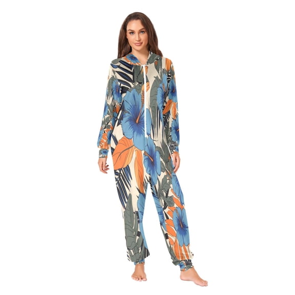 IAUYY Unisex Adult Onesie Pajamas Ultra-Soft Crystal-Soft Fabric, Halloween Adult Onesie Pajamas Adults,With a Zipper Plus Size Onesie Pajamas, Orange Tropical Leaves