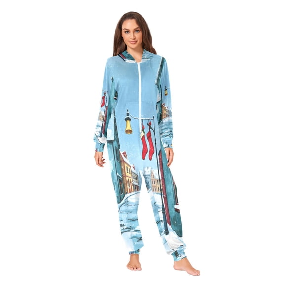 IAUYY Unisex Adult Onesie Pajamas Ultra-Soft Crystal-Soft Fabric, Halloween Adult Onesie Pajamas Adults,With a Zipper Plus Size Onesie Pajamas, The Town Is Snowing