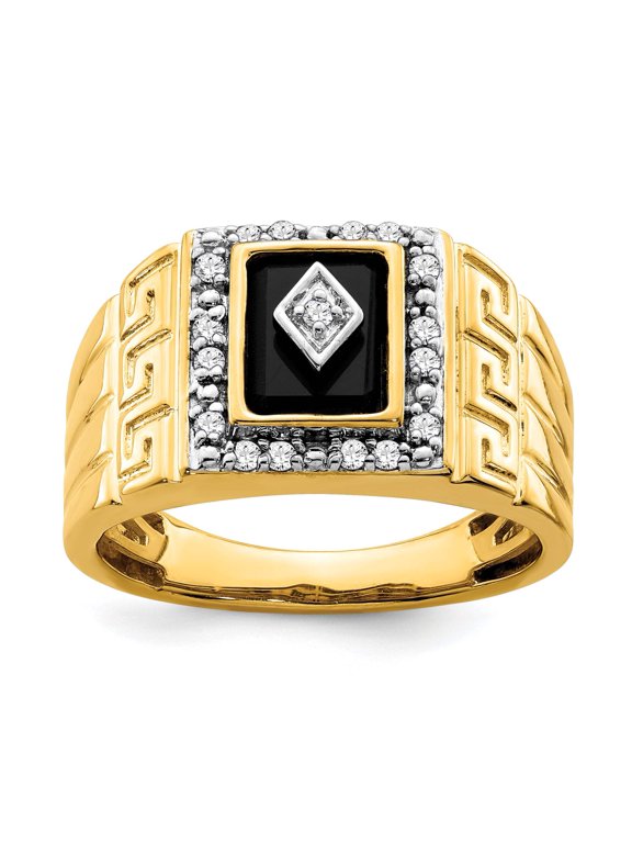 IB Goodman 14k 8x6.2mm Rectangle Onyx and 1/5 carat Diamond Greek Key Design Mens Ring
