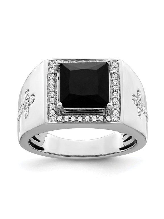 IB Goodman 14k White Gold 9mm Square Onyx and 1/2 carat Diamond Halo Mens Cross Ring