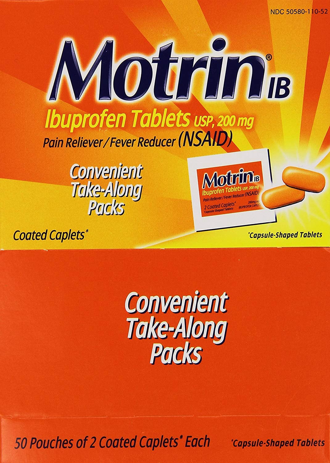IB Ibuprofen Pain Reliever, 50 Pouches of 2 Caplets Each, Pain reliever and fever reducer By Motrin