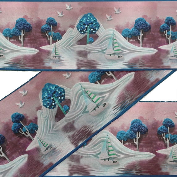 IBA Indianbeautifulart Blue Bird|Yacht & Tree Nature Velvet Trim Fabric Sewing Fabric Lace Dressmaking Printed Sewing Lace 9 Yards 3 Inches